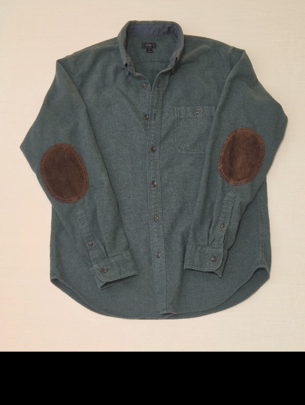 J. Crew Green Button-Down Shirt with Brown Suede Elbow Patches